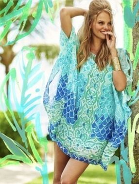 Lilly Pulitzer Lindamarie Silk Kaftan Tunic In Scale Back Size L/XL With Slip